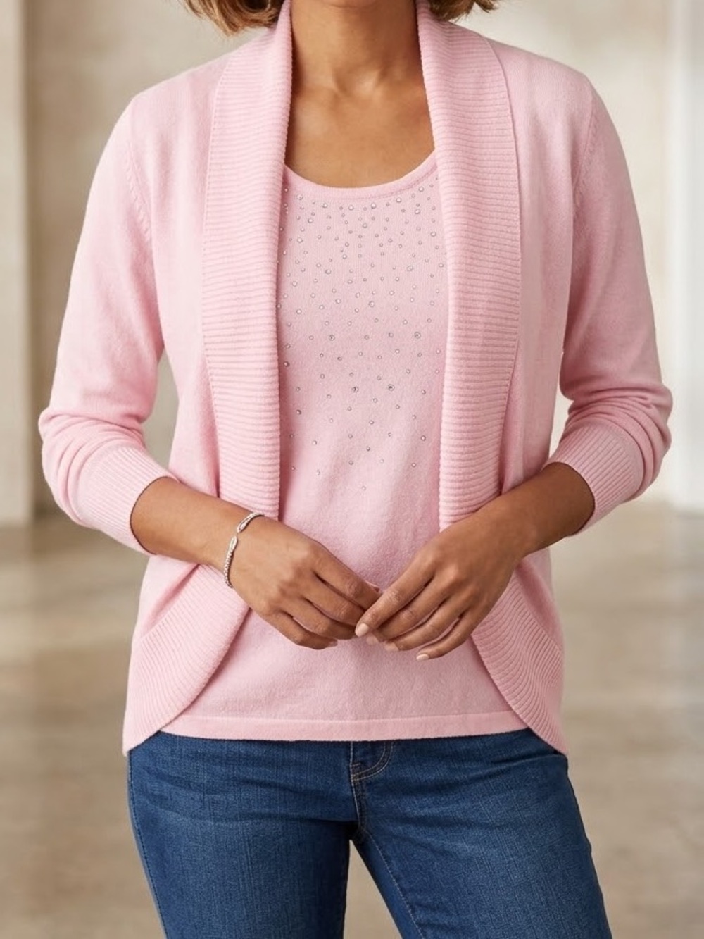 TanJay Pink Rhinestone Knit Fooler Sweater